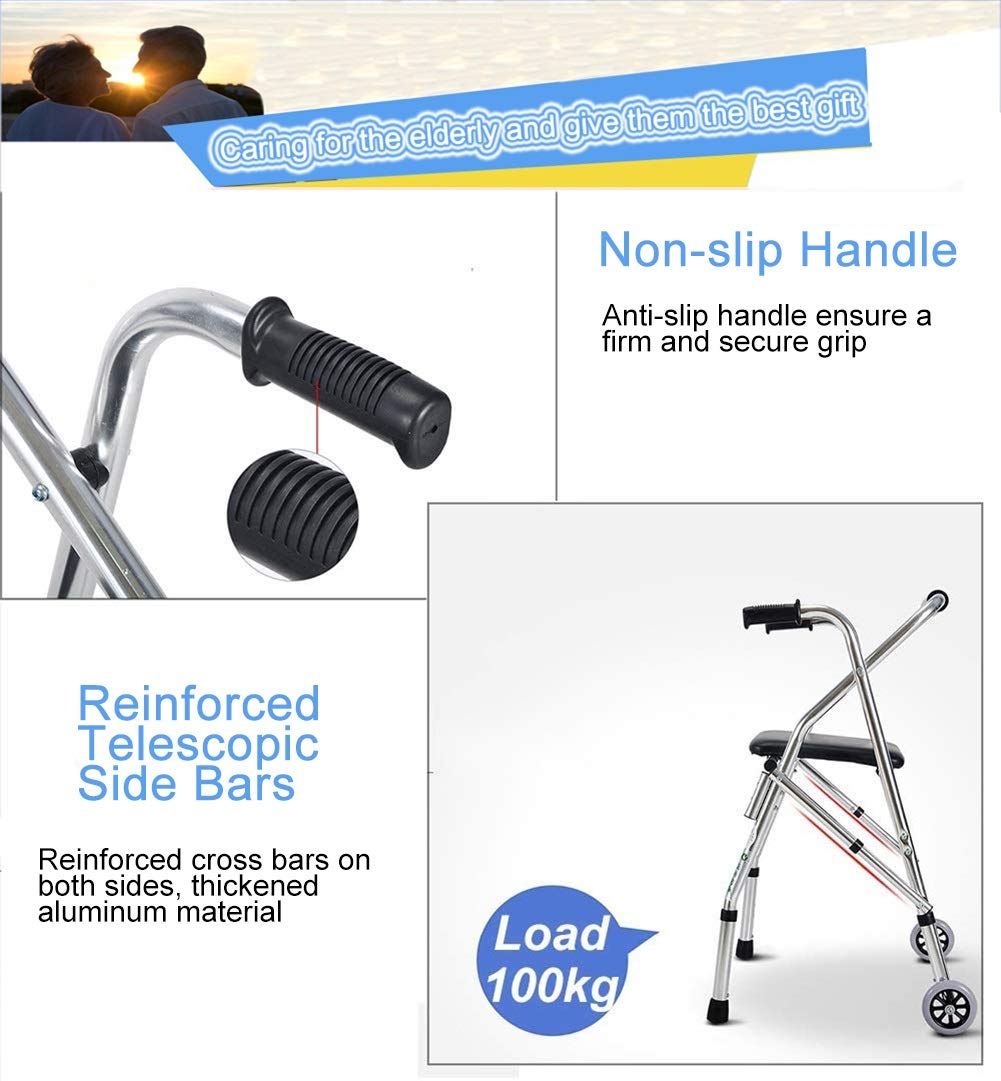 Andador plegable para ancianos con asiento y 2 ruedas, andador vertical ligero, altura ajustable para interiores y exteriores