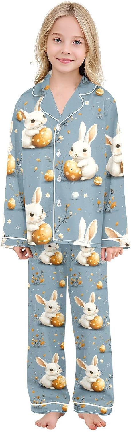 senya White Rabbit Egg S Satin Pajama Sets Long Sleeves Nightwear Button Down Sleepwear