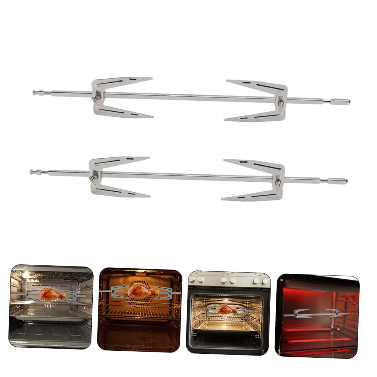Mikinona 2Sets Stainless Steel Chicken Grill Fork Meat Spit Rods for Bbq Oven Cooking Multi Functional Cooking Tools for Roasting Fish Chicken Easy Installation