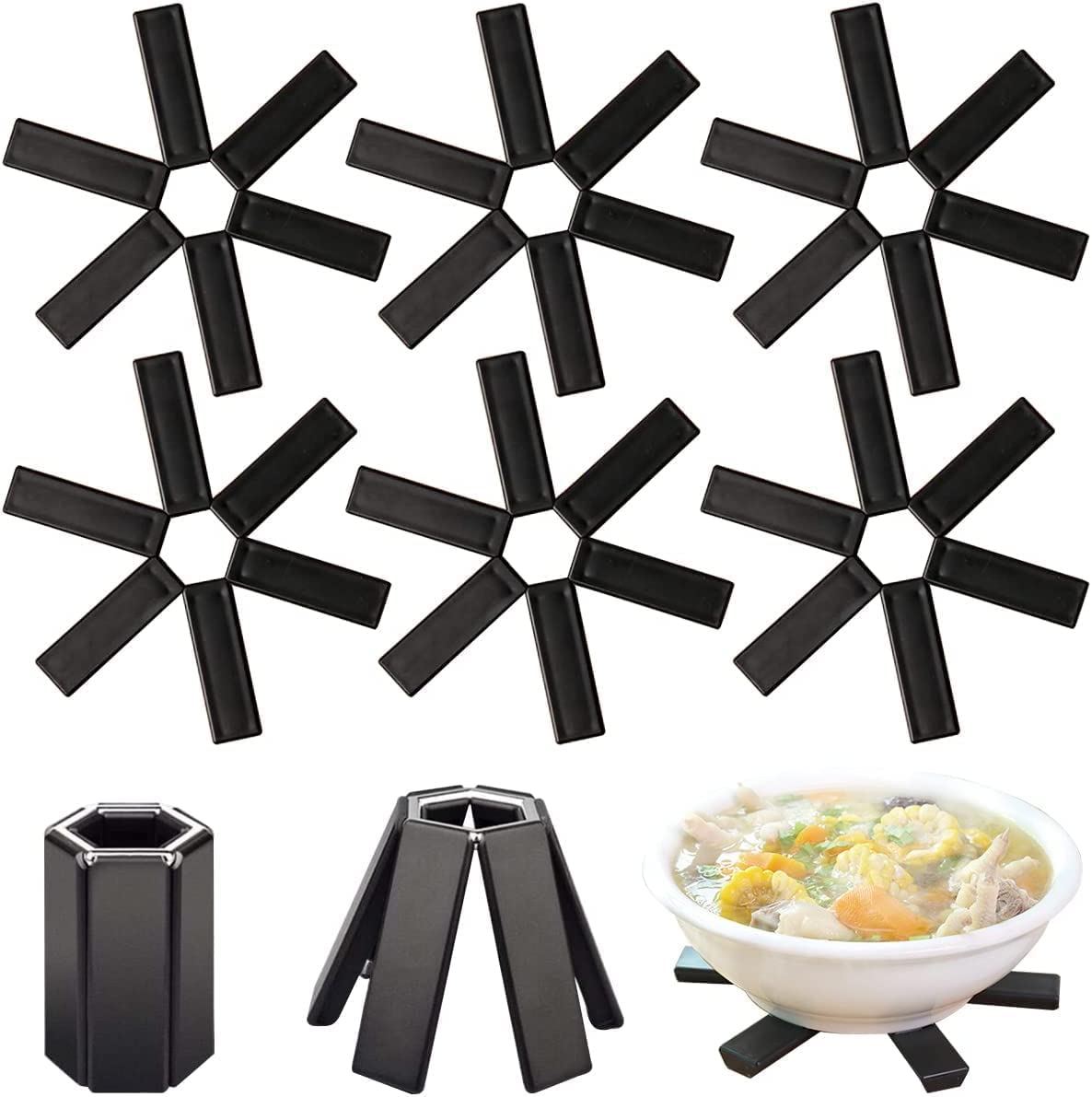 Folding Hot Pot Trivet Non Slip Silicone Heat Resistant Modern PVC Insulated Dining Table Flower Shaped Expandable Teapot Kitchen & Restaurant Pot Table Holder Ware (Black) (2)