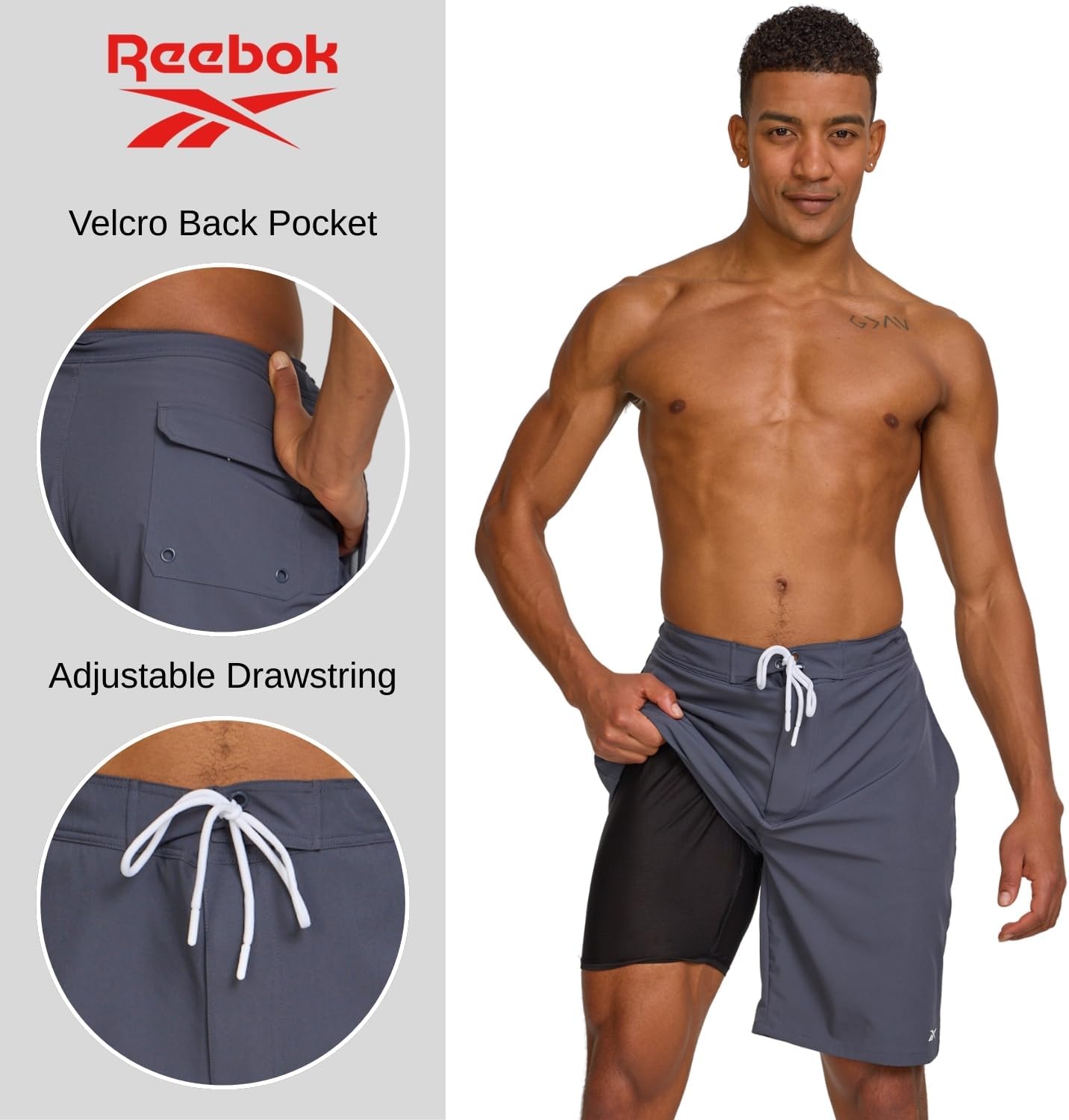Reebok Men 9” Swim Trunks with Compression Liner - 2 in 1 Quick Dry Boardshorts Beach Shorts, Bathing Suit Shorts