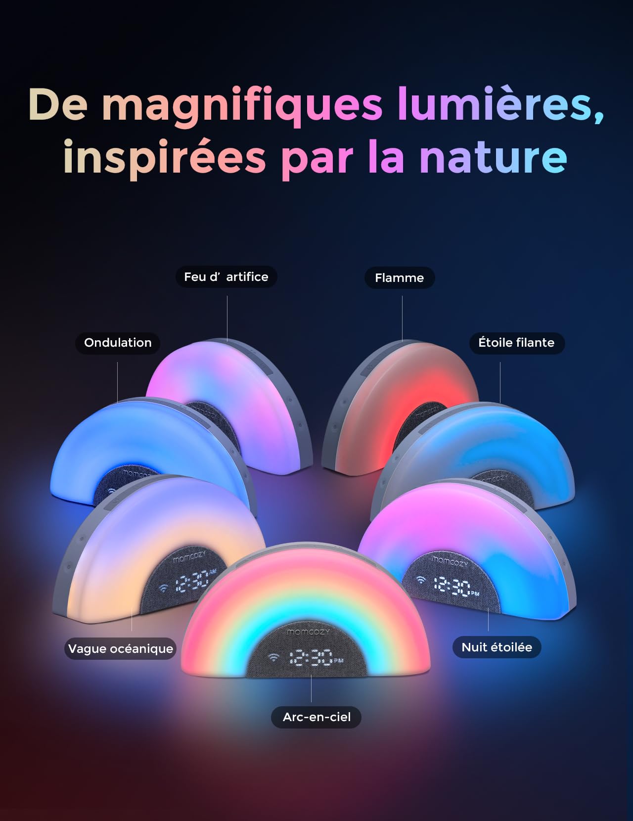 Momcozy DreamSync Tech™ Machine à Sons Bébé 34 Bruitages Apaisants, Veilleuse Connectée par App, Programmeur de Sommeil avec Alarme Levé de Soleil et Haut-parleur Sans Fil