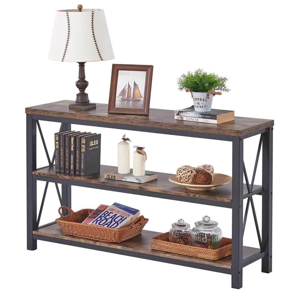 BON AUGURE Industrial Sofa Console Table, 3 Tier Horizontal Entry Tables with Open Shelf, Rustic Entryway/Hallway Table for Living Room (47 Inch, Rustic Oak)