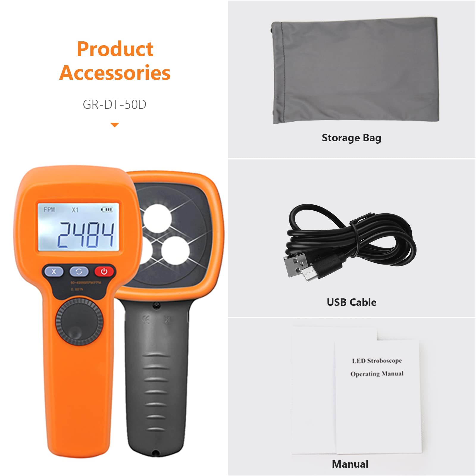 Stroboscope numérique à LED Techomètre stroboscopique sans contact mesurant 60 à 49 999 tr/min Compteur de vitesse portable Hz Testeur de vitesse Précision 0,001% Flash LED rechargeable