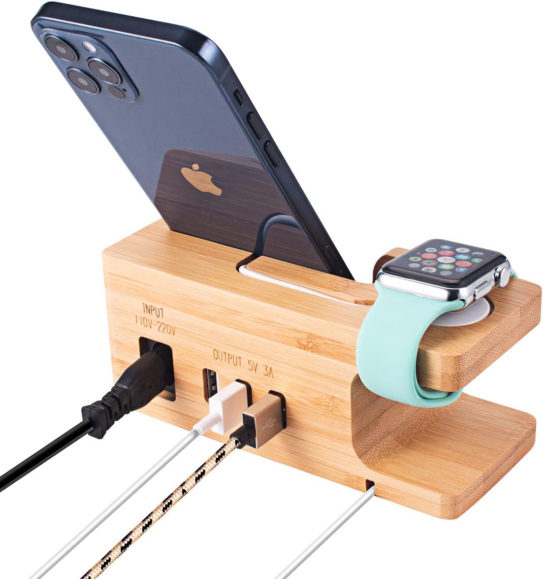 AICase iWatch Soporte, Bamboo 3 USB HUB Phone Charger Soporte Charging Dock Station Holder Display Cradle para iPhone 14 Pro Max/13 Pro Max/12/11/8/7/XR/X iWatch 2 3 4 42mm y 38mm Samsung S22 Ultra
