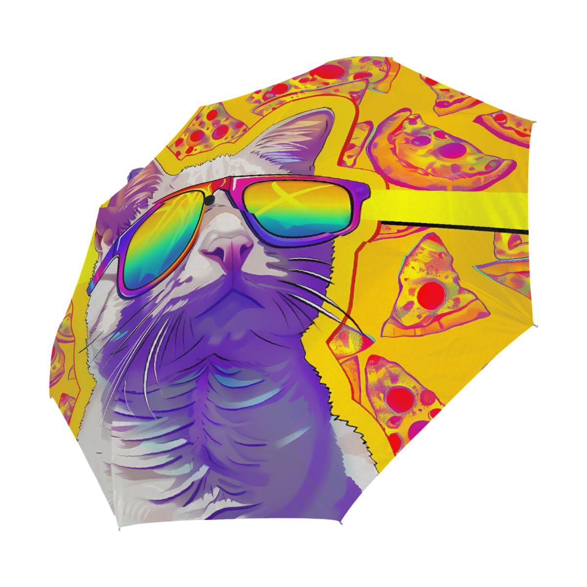 Ombrello pieghevole da viaggio con motivo pizza, con gatto, compatto, antivento, impermeabile, con protezione UV, rivestimento nero, leggero, 8 costine, portatile, per pioggia e sole