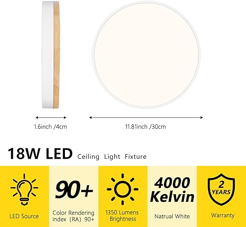 Miniatura 2 de Lámpara de techo moderna de madera, lámpara de techo redonda LED empotrada, lámpara de techo minimalista, accesorios de iluminación de techo blancos