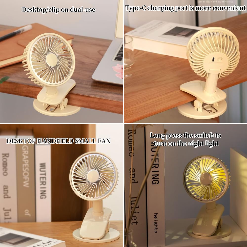 Clip recargable en ventilador pequeño con luz led, clip portátil al aire libre en ventilador, 3 modos.