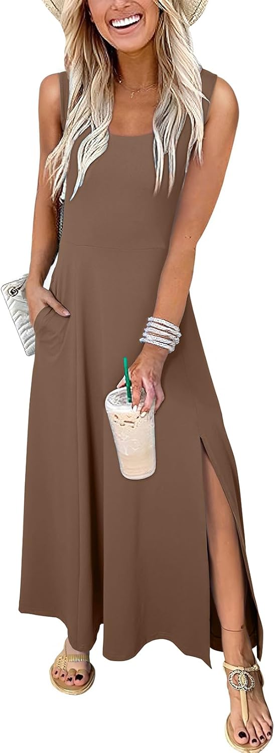 Acelitt Summer Dresses for Women 2025 Casual Crew Neck Sleeveless Sundresses Beach Vacation Clothes with Pockets