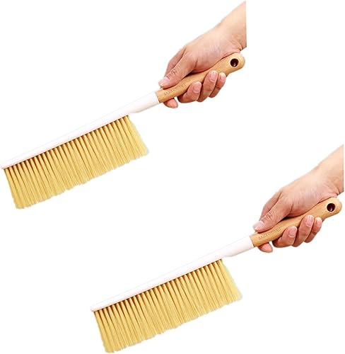 Escoba de mano con mango de madera, cerdas suaves, cepillo de limpieza para contador de polvo, para limpiar ropa, sofá, sábanas y alfombras (beige)