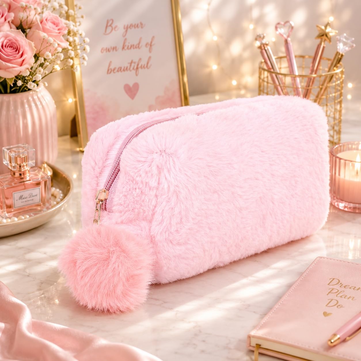 Sanjis Enterprise Small Fur Cosmetic Bag, Elegant Makeup Bags,Lipstick Pouch,Zipper Pouch,Great Gifts for Women,Travel Toiletry Bag Accessories Organizer Gifts (Pink) 1