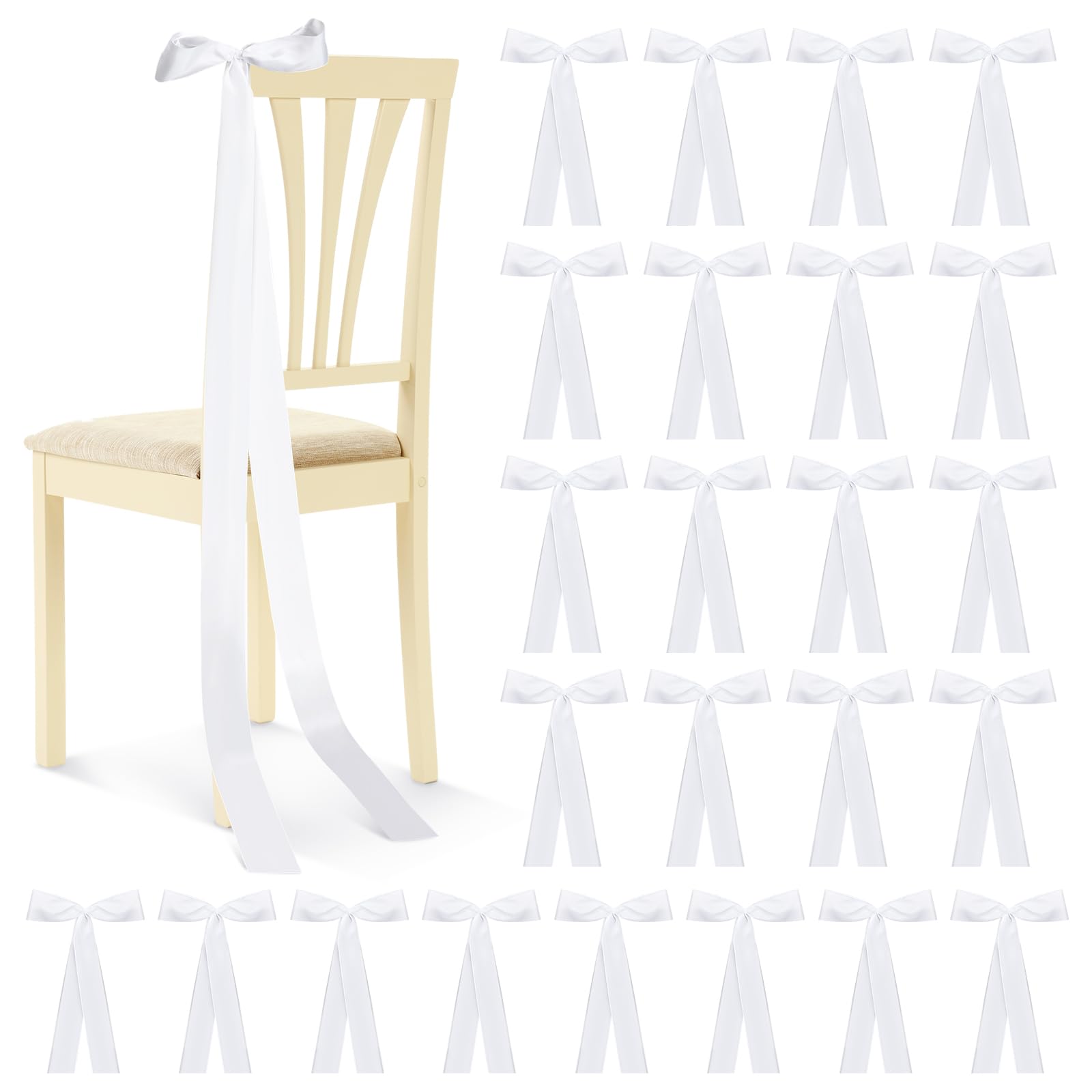 Rtteri 24 Pcs Satin Weeding Chair Bows Sashes with Ties White Chair Sashes Draping Ribbons Bows for Wedding Banquet Party Christmas Baby Shower Events Decoration