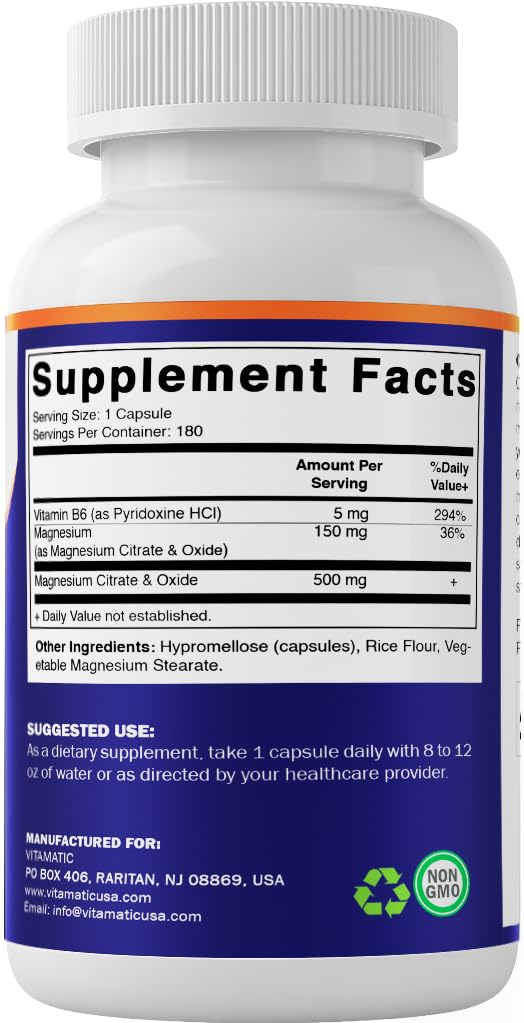 Vitamatic Magnesium Citrate 500mg per Serving - 180 Vegetarian Capsules (Provides 150 mg of Elemental Magnesium) - Added B6 for Maximum Absorption - Supports Muscle, Joint, and Heart Health* — Amazon image 7