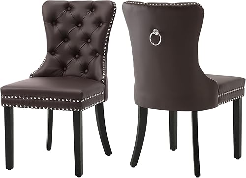 Juego de 2 sillas de comedor de piel sintética, tapizadas con botones copetudos, con ribete de remache, anillo de metal y patas de madera para