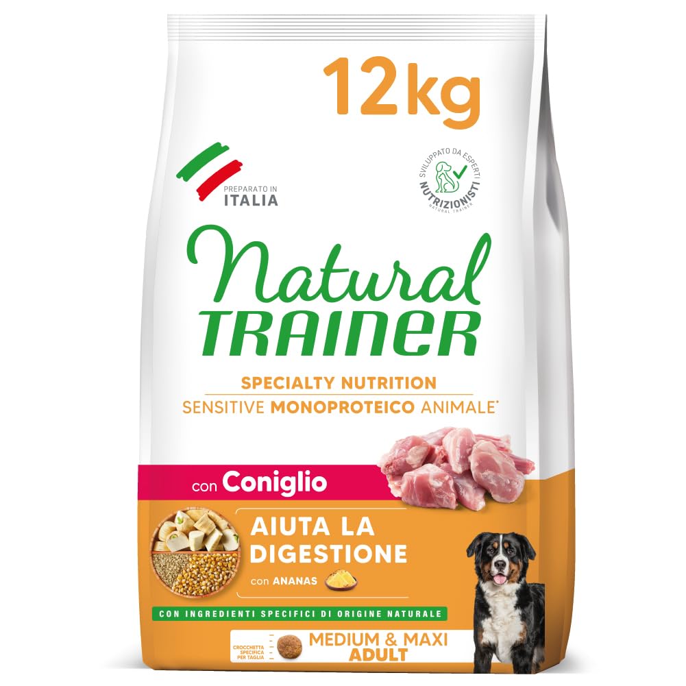 Natural Trainer Sensitive No Gluten Cibo per Cani Adulti Medium&Maxi con Coniglio e Cereali Integrali - 12kg