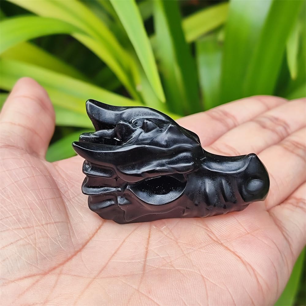 TEAMWILL 2" Natural Obsidian Crystal Dragon Head Statue Realistic Black Dragon Head Figurines Animal Sculpture Stone Statue Decor