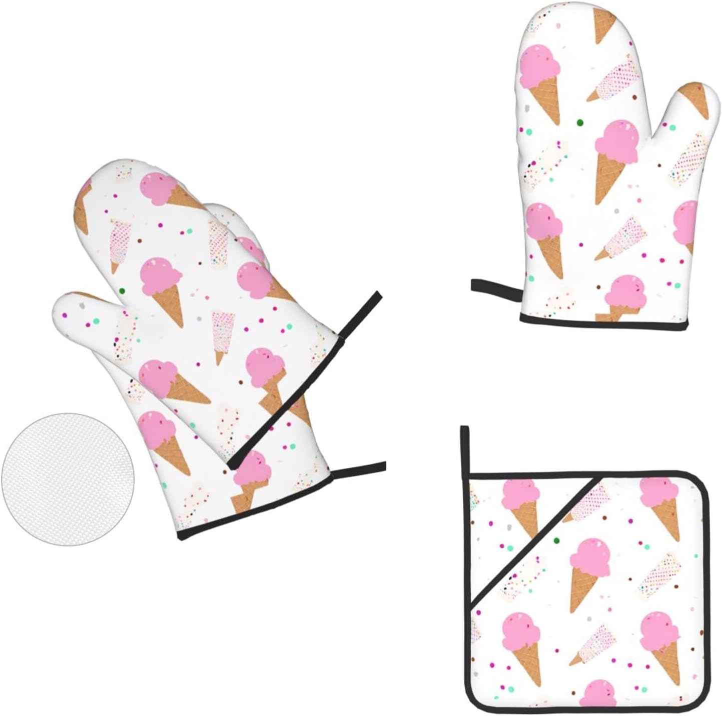 (Ice Cream Cones) Baking 4-Piece Set: 2 Oven Mitts and 2 Pot Holders Heat Resistant Waterproof Hanging Loop for Kitchen Oven Grill Housewarming Gifts
