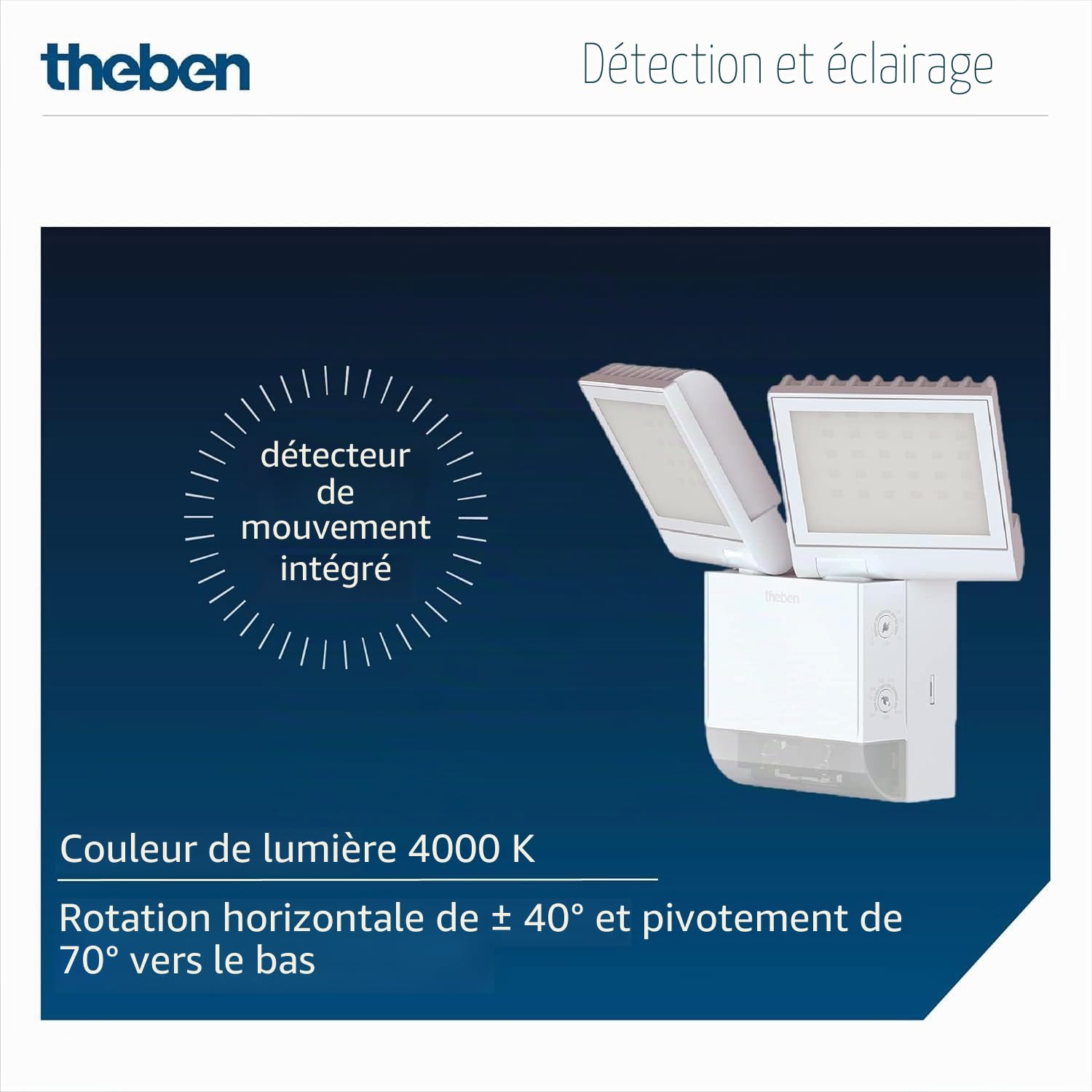 Theben theLeda S17-100 WH Projecteur LED 17W 4000K 180° 10m Blanc Détecteur de Mouvement Intégré