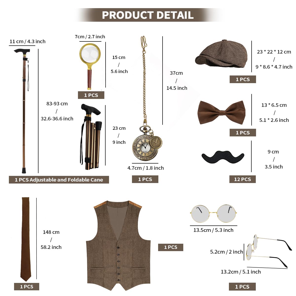 WILDPARTY Kostium męski w stylu lat 20. XX wieku, z akcesoriami, składany zegarek kieszonkowy z kulą, okulary do brody, krawat, mucha, kostium mafii w stylu lat 20., gangster Peaky Blinders, karnawał,