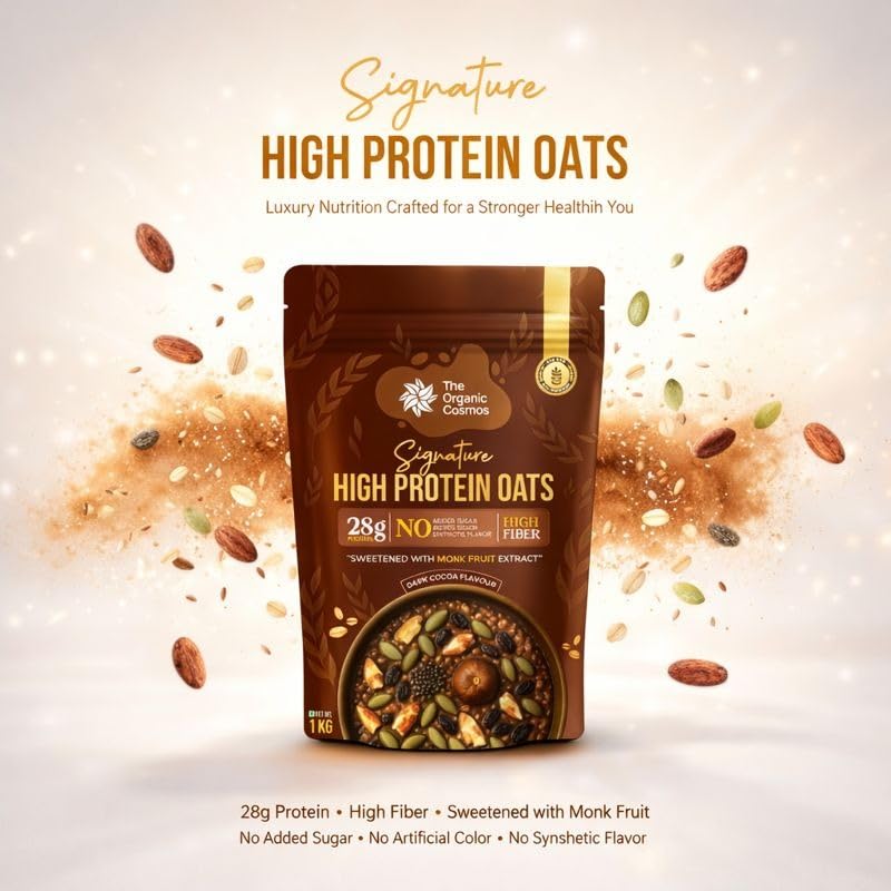 Image of The Organic Cosmos Signature High Protein Oats | 28g Protein | No Added Sugar | Dark Cocoa Flavour | Gluten Free | High Fiber | Sweetened with Monk Fruit Extract | 1kg