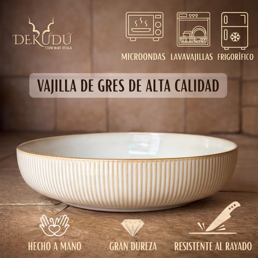 Ensaladera Ceramica Bol Ensalada Grande Frutero Ceramica Platos Vajilla - Gres de Calidad - Fabricados a Mano - 1 Pieza de 25,5 cm - Gran Dureza Apta Lavavajillas Microondas - Color Beige — view 2