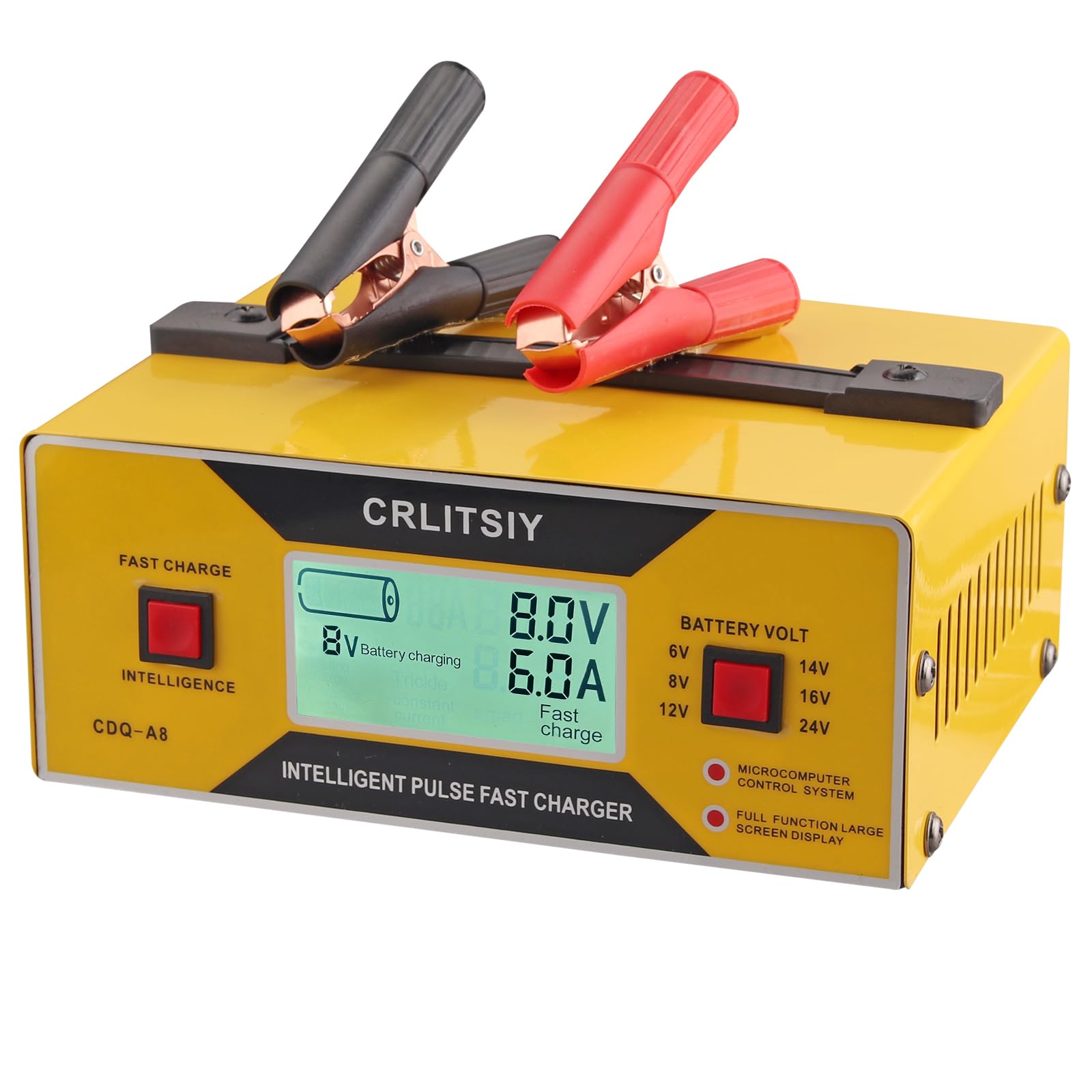 Autobatterie-Ladegerät, intelligentes Erhaltungsladegerät, 6 V/8 V/12 V/14 V/16 V/24 V, 0–10 A, LCD-Akku-Ladegerät für Auto, Motorrad, Boot, Golfwagen mit Krokodilklemmen, 8 Volt