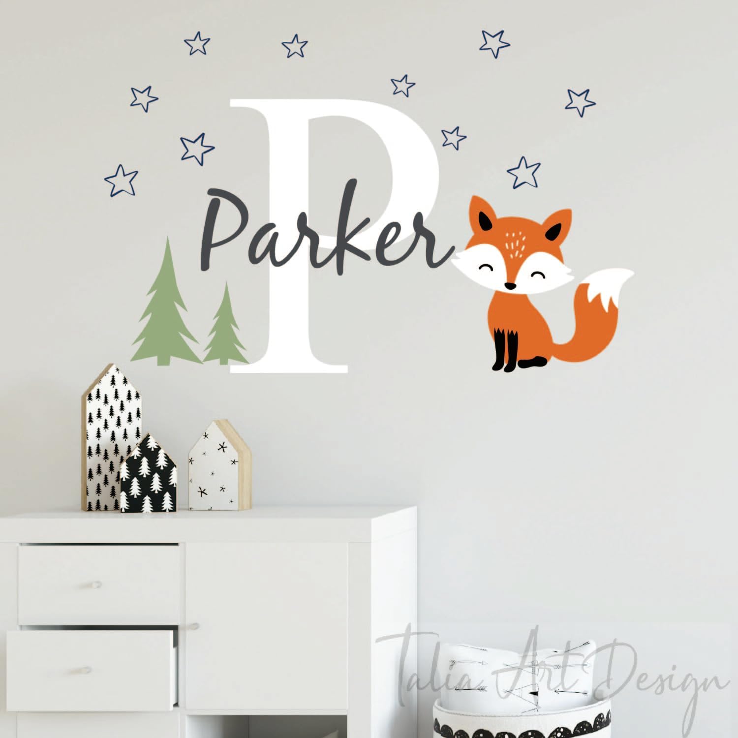 Woodland with Kids Name Wall Art,Customized Name Fox Wall Decal for Kids Room