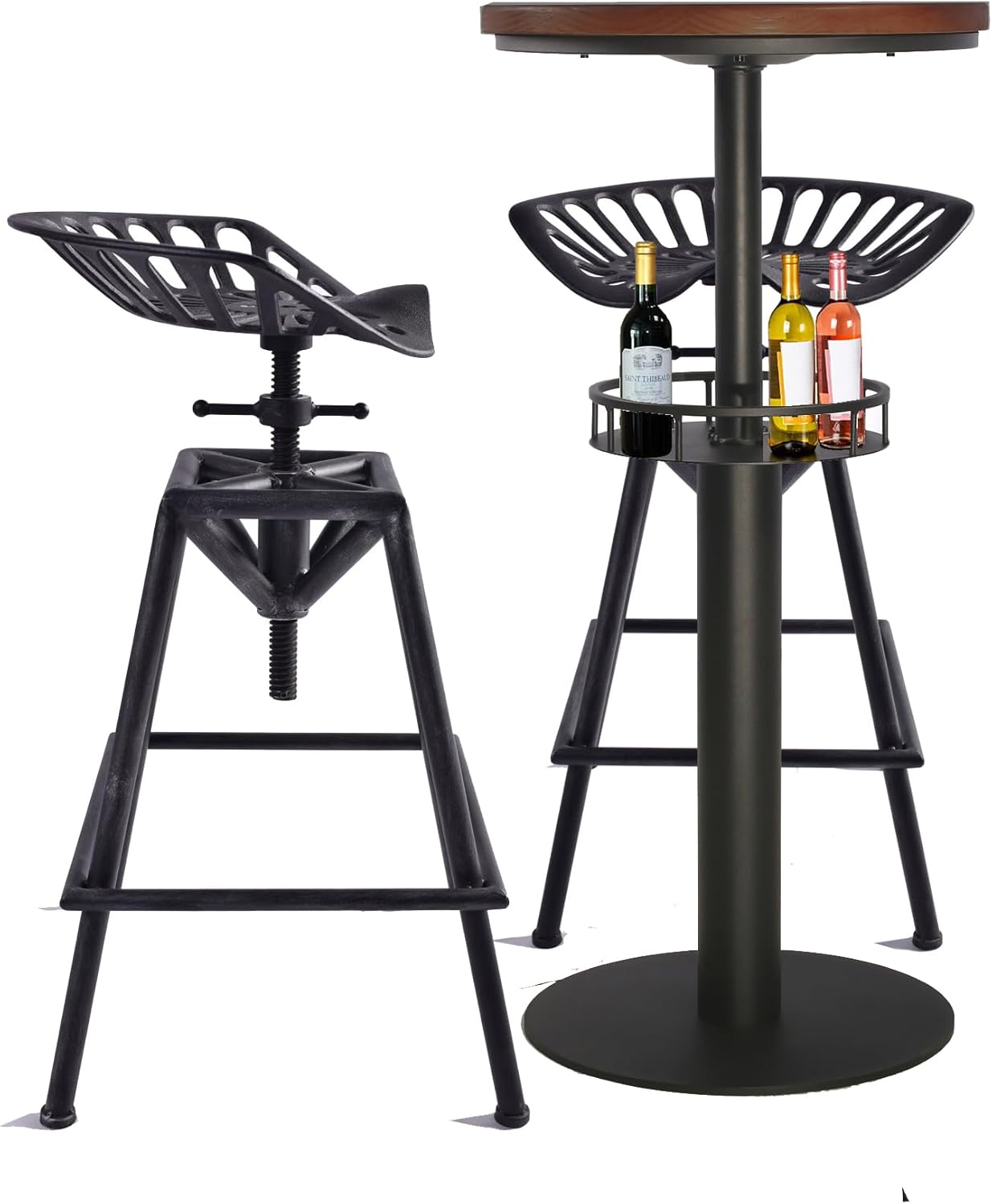 Patio Balcony Frontporch Bar Set, 3-Piece Cocktail Bistro Bar Height Pub Table & Stools Set, 42" Tall Round Standing Table with 2 Adjustable Tractor Seat Metal Stools,Space-Saving