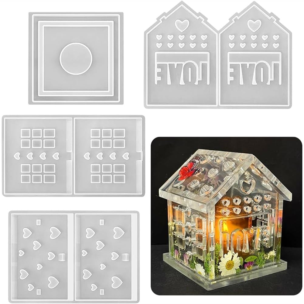 Vjsujehgy 3D Combined Heart House Tealight Holder Mold House Candle Holder Mold Holder Mold for Epoxy Resin