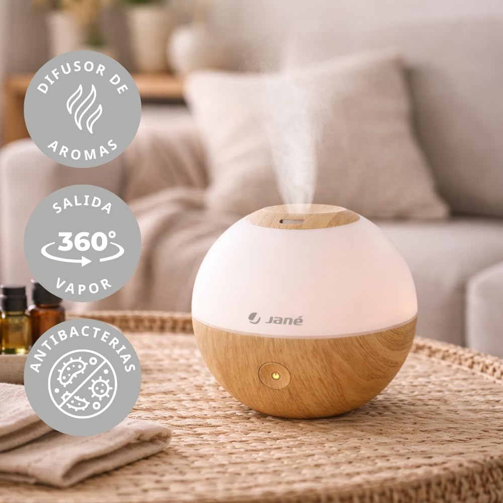 Jané Umidificatore Bambini Ultrasuoni con Luce, Diffusore Aromi, 2 Velocità, Vapore Freddo, Spegnimento Automatico, 360°, Legno