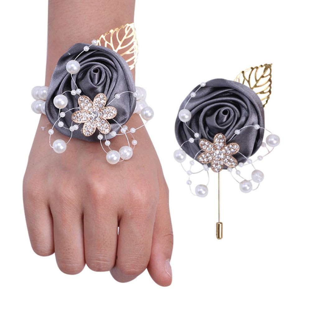 LIBERGA Set of 2, Wrist Corsage And Boutonniere Set for Bride Groom, Pearl Wrist Flower for Wedding, Woman Hand Flower Men Boutonniere for Prom Party Decorations, Grey