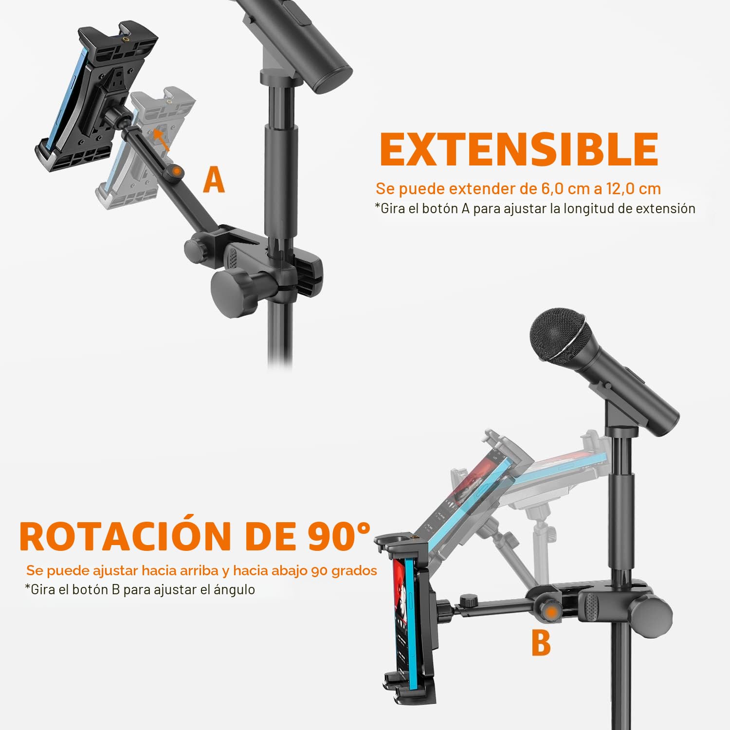 Soporte de Micrófono para Tableta, Soporte Micrófono iPad 360° Ajustable, Pie de Tablet Micro para iPad, Pro, Mini, Air 4,7-12,9" Tabletas Teléfono