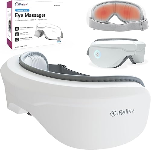 iReliev Masajeador de ojos con calor masajeador térmico con música Bluetooth para migrañas fatiga ocular ojeras bolsas de ojos secos para mejorar el