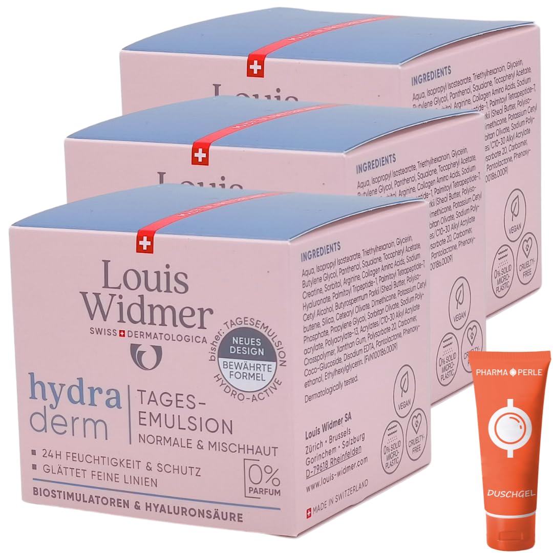 Louis Widmer hydraderm Tagesemulsion unparfümiert 3x 50 ml I für normale & Mischhaut I Anti-Ageing Tagespflege I intensive Feuchtigkeit I Hyaluronsäure I Spar-Set plus Pharma Perle give-away