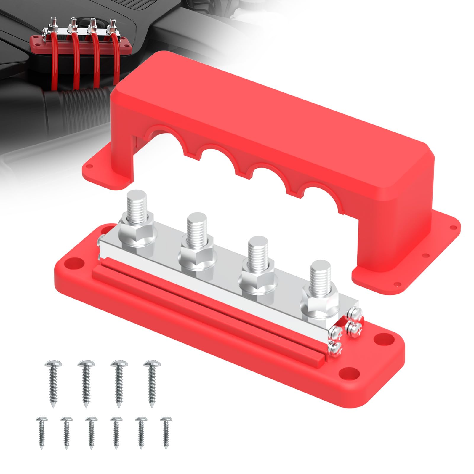 600A Bus Bar 12V Power Distribution Block with 3/8" (M10) 4-Posts Heavy Duty Terminals Block with Cover for Automotive, Marine, Battery System (Red)