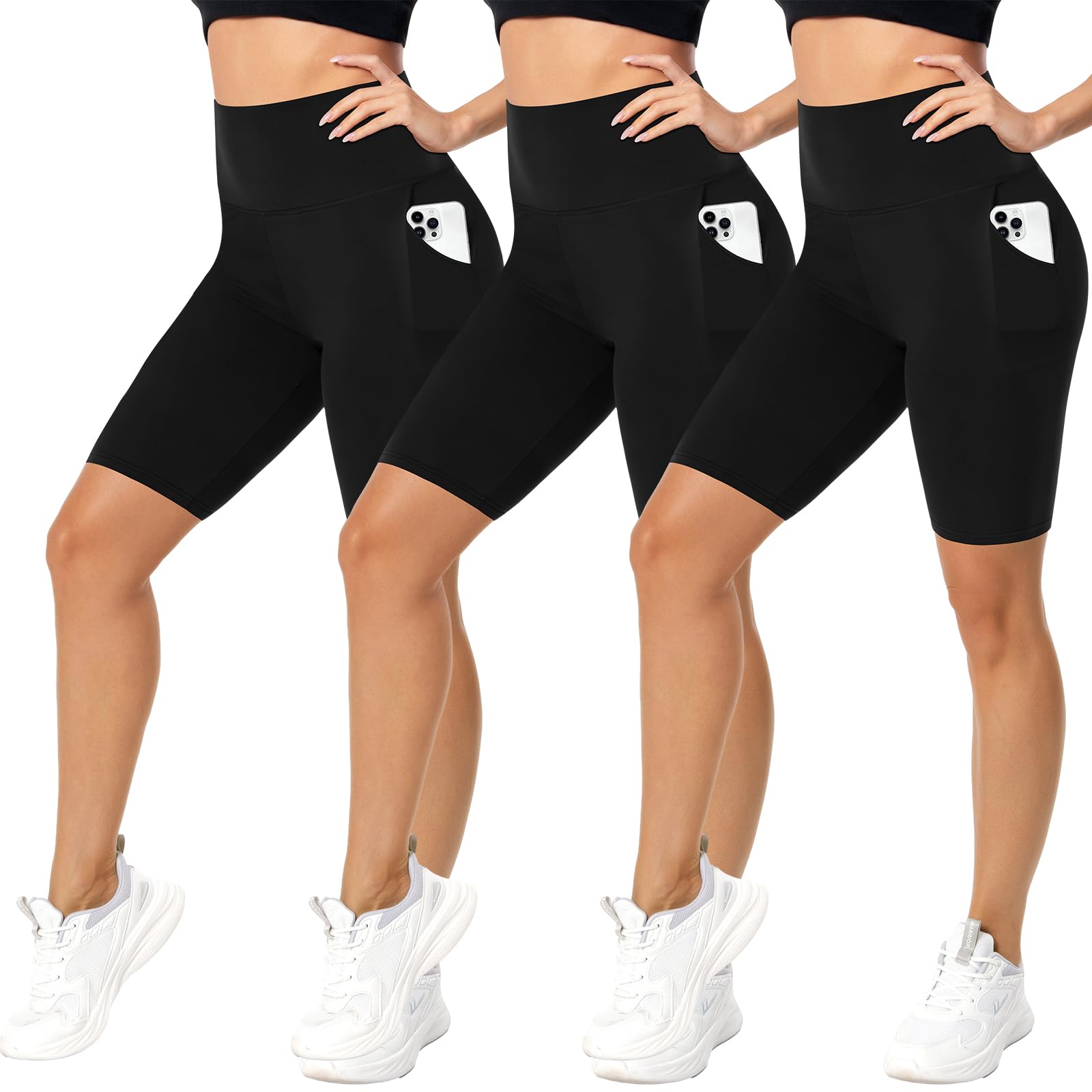 FuelMeFoot 3 Pack Radlerhose Damen mit Taschen High Waist Shorts Sporthose Kurze Blickdicht Sommer für Biker Gym Fitness Joggen Pilates.