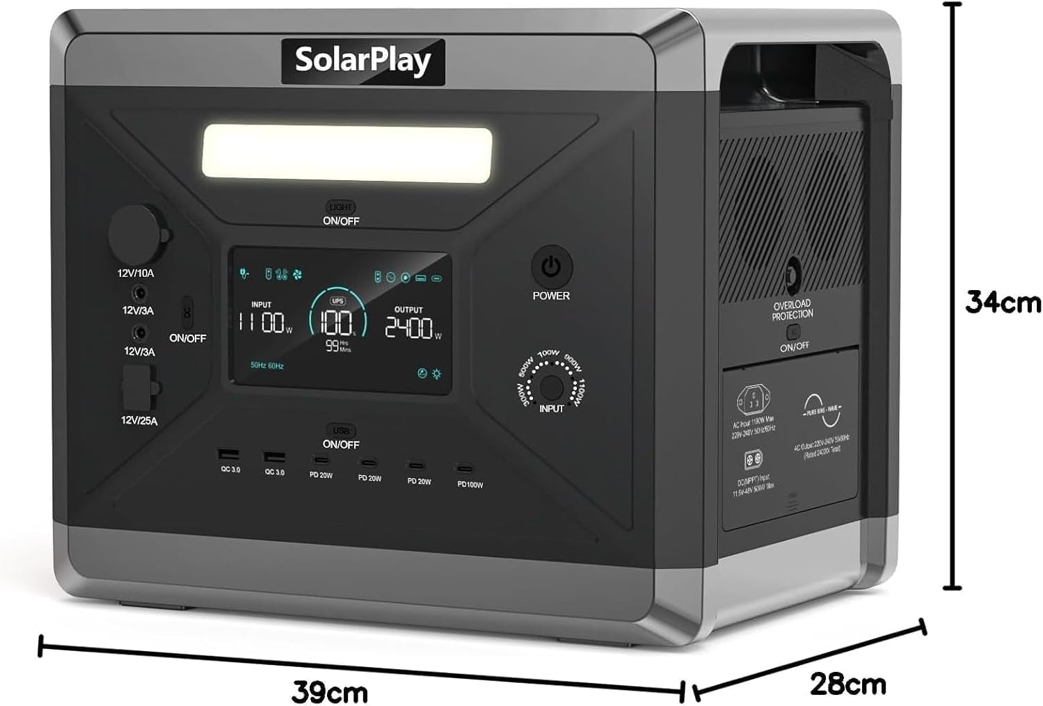 SolarPlay Q2501 Tragbare Powerstation,2160Wh/2400W Solargenerator, 12 Anschlüsse, LiFePO4 Batterie, USV, 1,5 Stunde Schnellladung für Camping, Wohnmobile & Stromausfälle