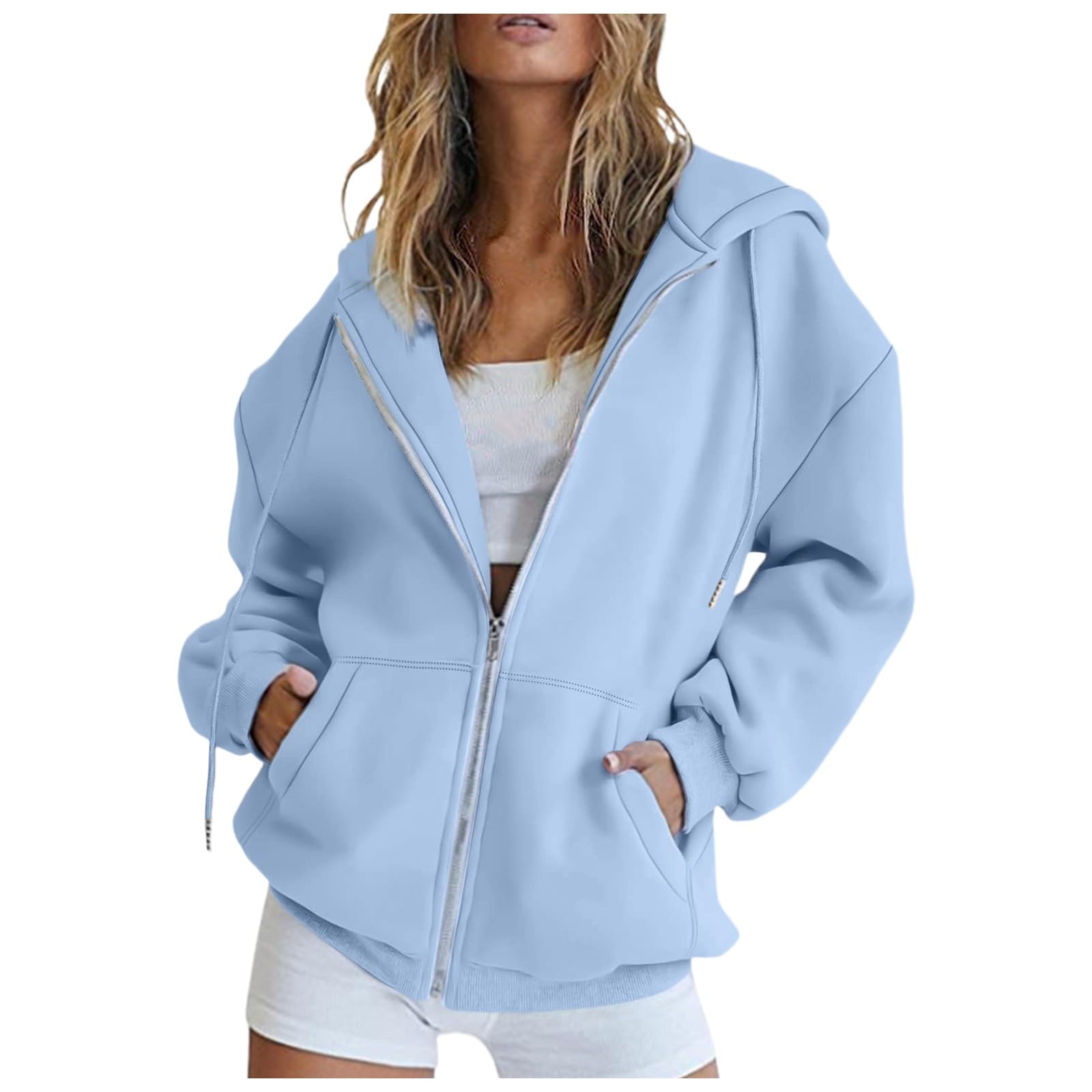 Casual Hoodies for Women Full Zip Up Plus Size Plain Pullover Outfits Trendy with Pocket Loungewear Classic Stylish Autumn Winter Fashion Winter Warm Outfits Todays Daily Deals