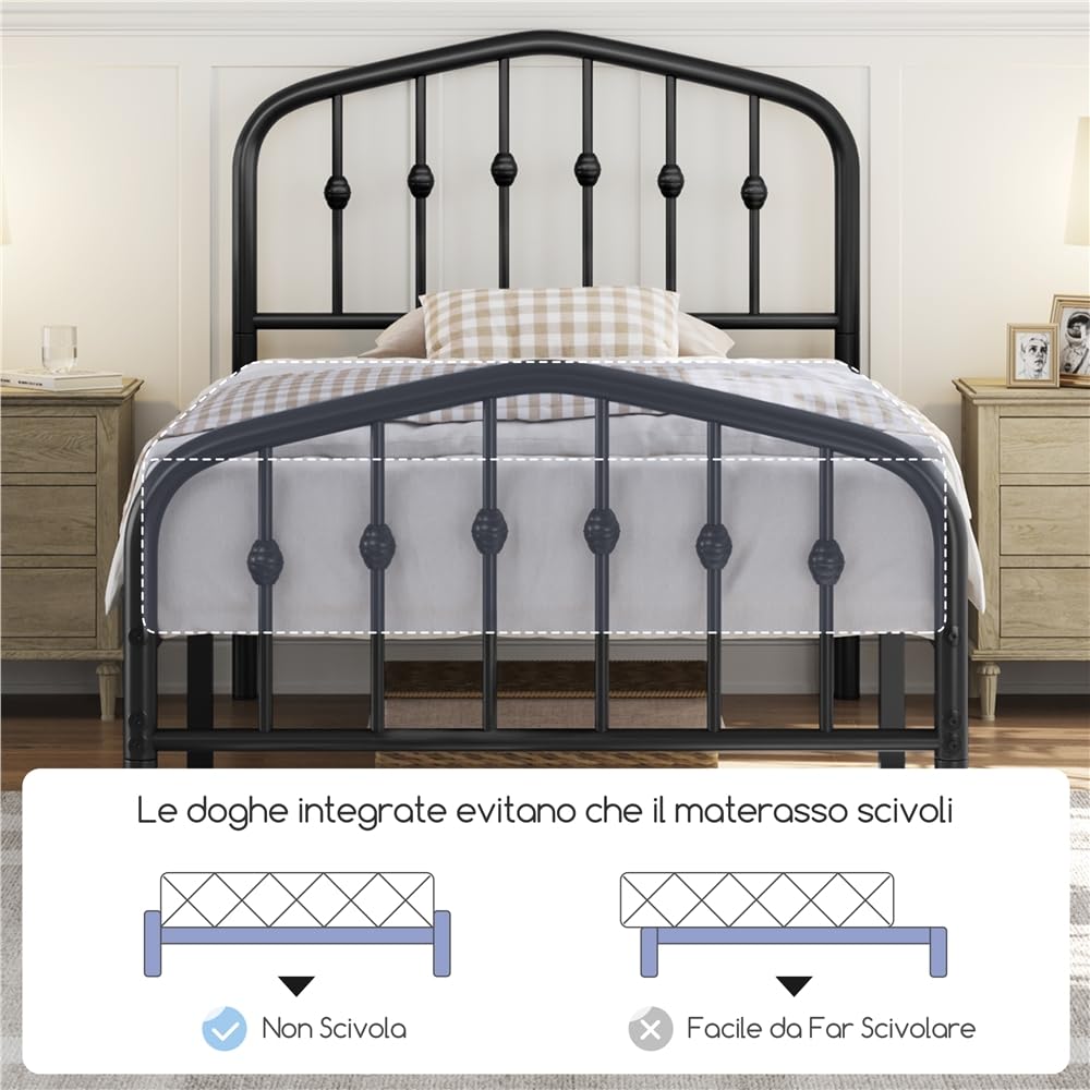 Yaheetech Struttura Letto Singolo Moderno in Metallo con Testiera Rete a Doghe per Camera 90 × 200 cm