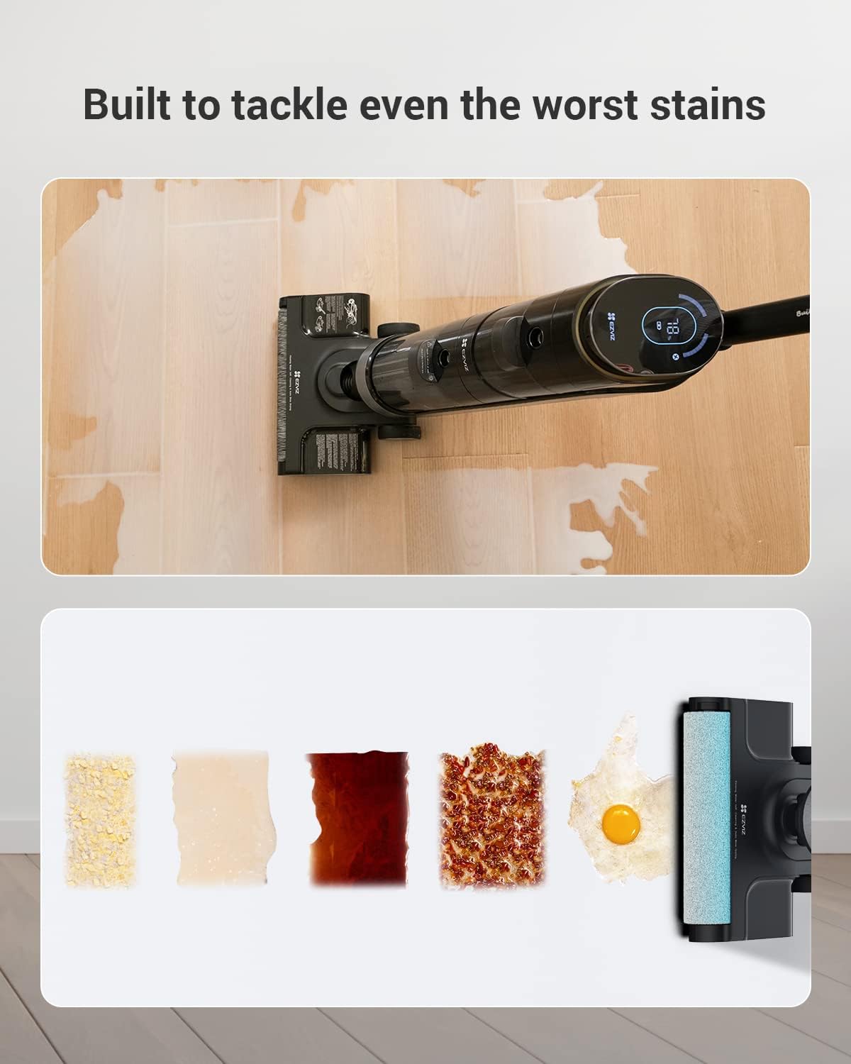EZVIZ RH1 cleaning various types of stains on a hard floor