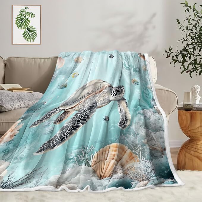 Summer Ocean Blankets, Sea Turtle Fleece Blanket, Soft, Flannel, Warm, Ocean Throw Blanket for Kids Coastal Flannel Throw Blanket, Blue Sea Bed Blankets for Bed Sofa Couch Bedroom 50X60 Inch