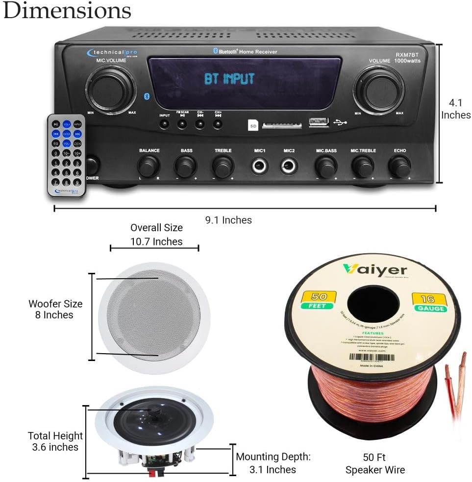 Home Theater Sound System Kit - 1000 Watts Bluetooth Amplifier w/ 2 QTY of 8" Framed Ceiling Speakers 300 W Each, 50 ft Speaker Wire & Remote Perfect for Home, Office, Restaurant, Bar by Technical Pro