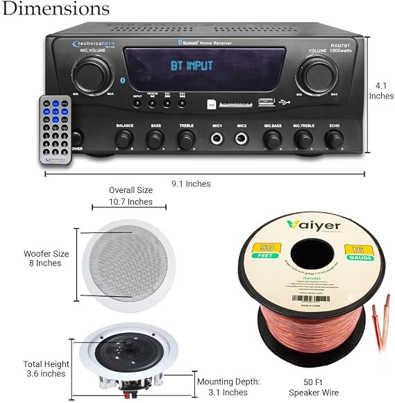 Technical Pro Home Theater Sound System Kit - 1000 Watts Bluetooth Amplifier w/ 2 Qty of 8 Framed Ceiling Speakers 300 W Each, 50 ft Speaker Wire & Remote Perfect for Home, Office, Restaurant, Bar