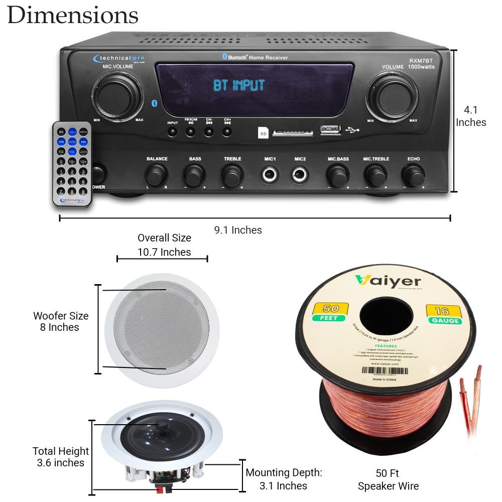 Technical Pro Kit sistema audio Home Theater, amplificatore Bluetooth da 1000 Watt con 2 altoparlanti da soffitto da 20,3 cm, 300 W ciascuno, cavo per altoparlanti da 15,2 m e telecomando, perfetto