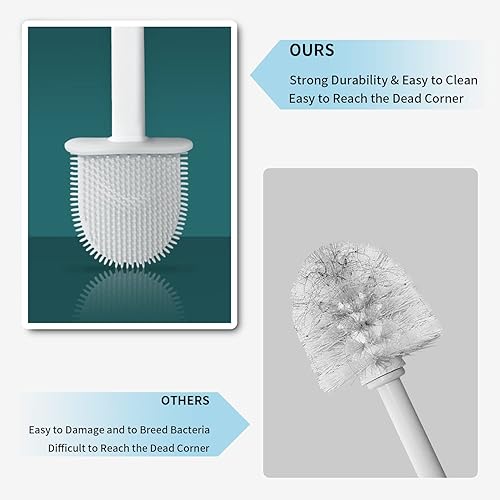 Miniatura 3 de Cepillo limpiador de inodoro, cepillo de silicona con cerdas y soporte, base de ranuras de ventilación, montaje en pared de secado rápido con mango