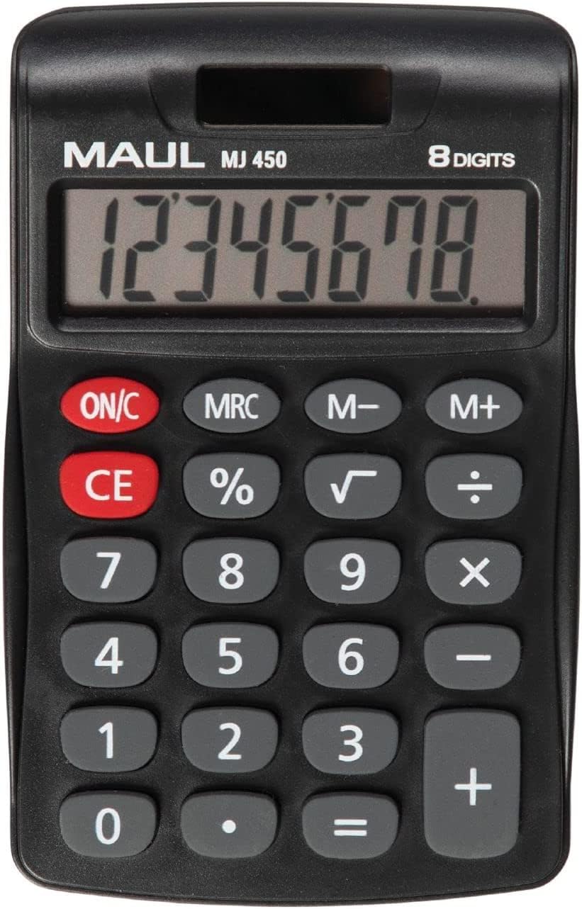 MAUL Calcolatrice MJ450 grande display 8 cifre, funzioni standard per ufficio, casa, scuola, tasti funzione colorati, solare/​batteria, nero