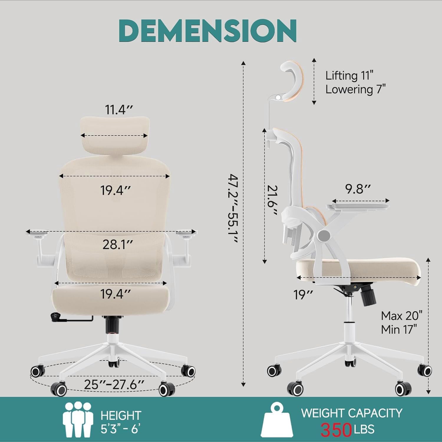 Monhey Sedia da ufficio ergonomica, regolabile in altezza, girevole, con braccioli pieghevoli, rete traspirante, poggiatesta regolabile e supporto lombare intelligente, per casa e ufficio, beige