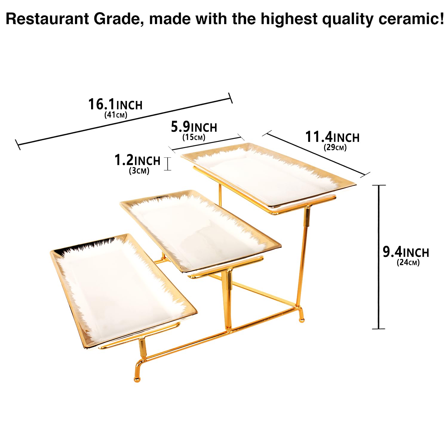 Set di 3 vassoi da portata con 3 vassoi in porcellana da 29 cm e bordo dorato, robusto supporto in oro, per feste, presentazioni di cibo, dessert alla frutta