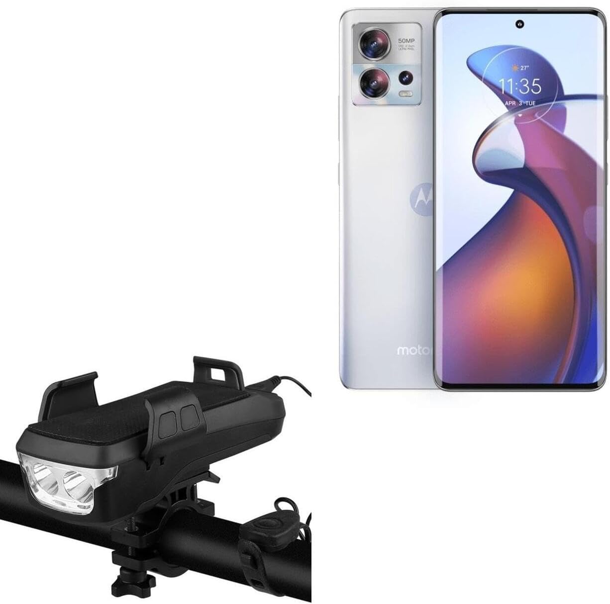 BoxWave Stand and Mount Compatible with Motorola Moto S30 Pro - Solar Rejuva Bike Mount (4000mAh), Bike Mount with Solar Power Bank, Lights, and Horn - Jet Black