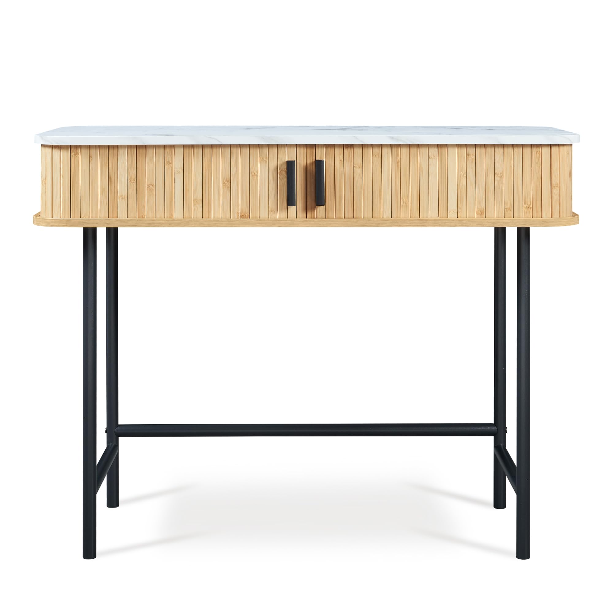 [en.casa] Consola Tvedestrand Versátil Mueble Recibidor Mesa de Entrada con 2 Compartimentos Cerrados Estable Diseño Atractivo Bambú Metal 100 x 50 x 76 cm - Mármol Blanco/Efecto Madera